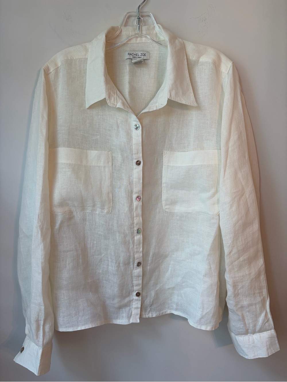 Rachel Zoe 100% linen shirt womens XL off white double pocket long-sleeve shirt